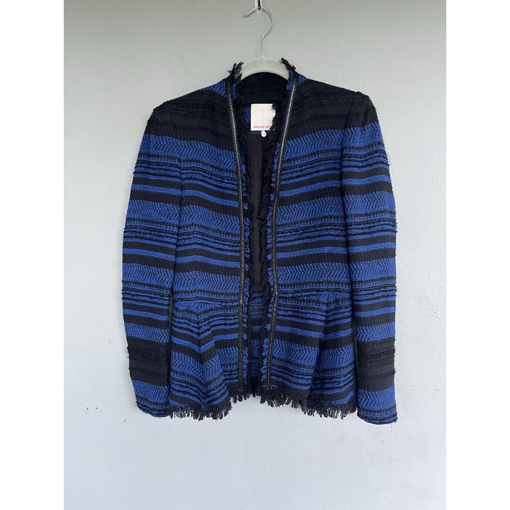 Rebecca Taylor Tweed Peplum Blazer Jacket 4 Blue Fringe Trim Cotton Wool Blend